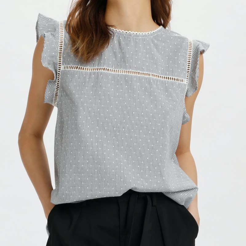 Top / Bluse M/ Sorte & Hvide Striber - Saint Tropez