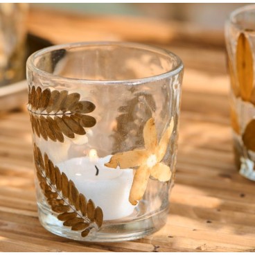 Fyrfadsstage m/ blomster og blade i glas - Ib Laursen H: 7,5