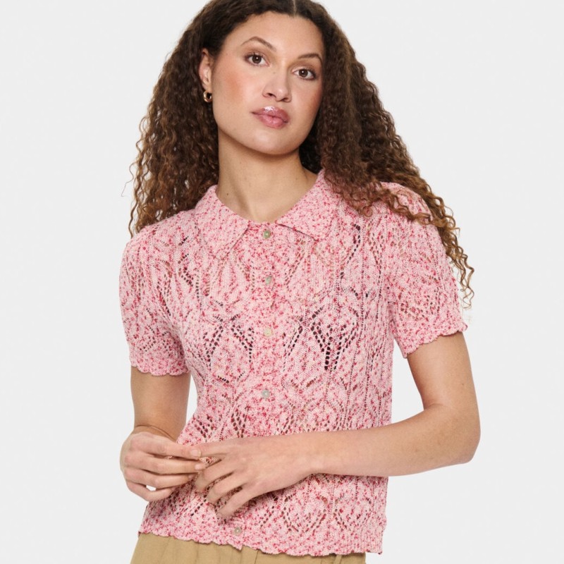 Cardigan "KimberleySZ" kortærmet i rosa m/ røde nistre - Saint Tropez