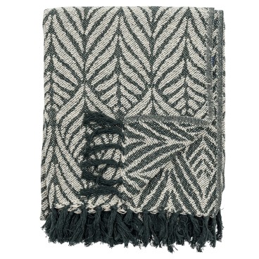 Plaid "Ugento" grøn og råhvidt bladmønster - Bloomingville 130x160