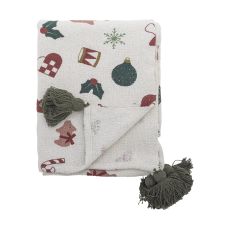 Plaid "Yule" natur m/ julemønster og grønne kvaster - Bloomingville 130x160