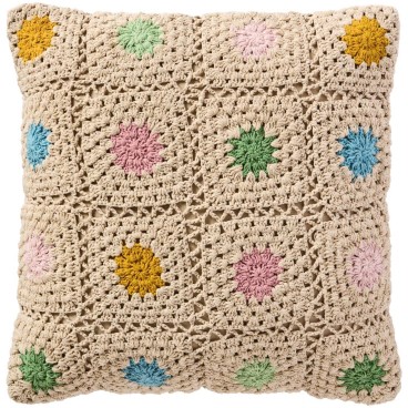 Pudebetræk hæklet natur m/ multifarvede blomster - Ib Laursen 50x50