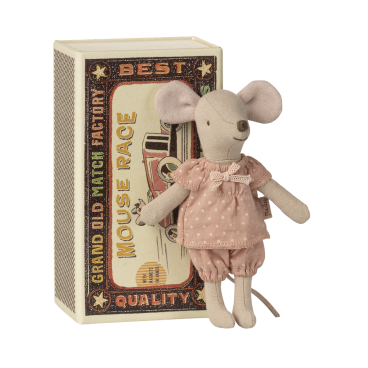 Storesøster mus i tændstikæske - Maileg i rosa tøj m/ prikker