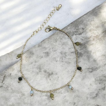 Armbånd - Friihof + Siig guldbelagt "Tiny chain" m/ grå & grønne perler