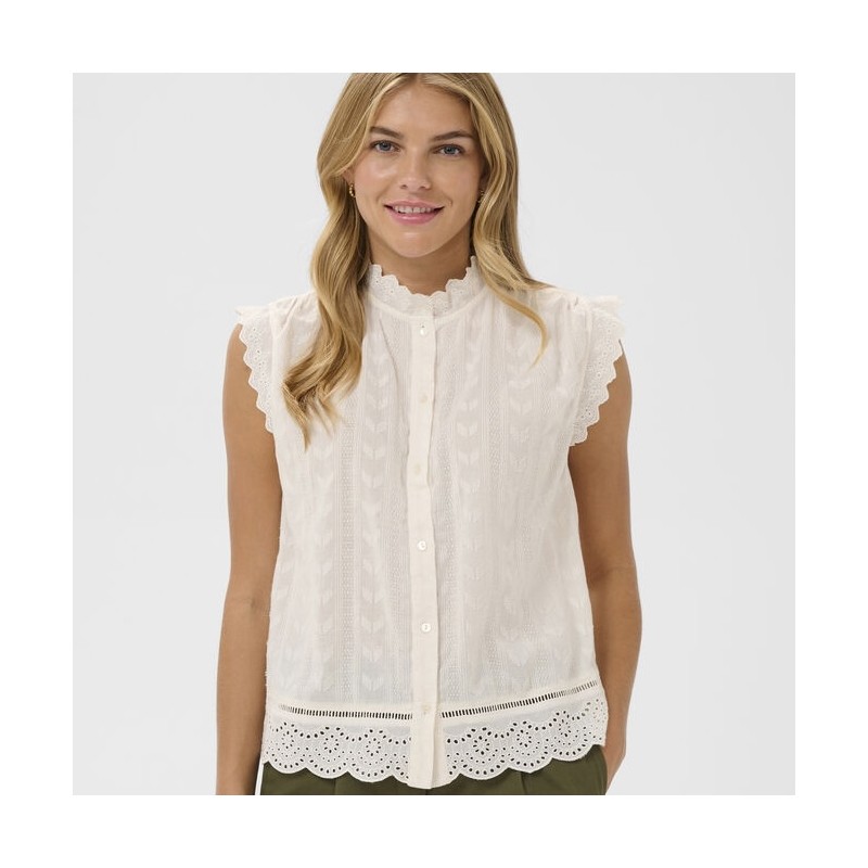 Skjortebluse ærmeløs "RowynSZ" råhvid m/ broderi - Saint Tropez