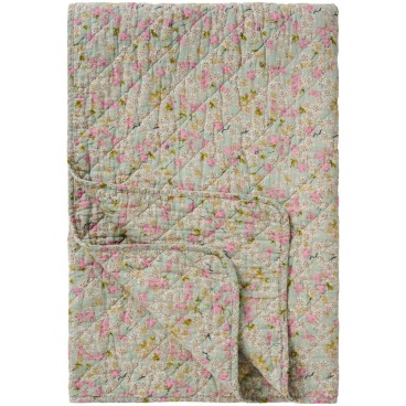 Quilt / vattæppe støvblå m/ blomster- Ib Laursen 130x180