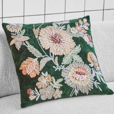 Pudebetræk grøn m/ blomster broderi HDBota - House Doctor 50x50